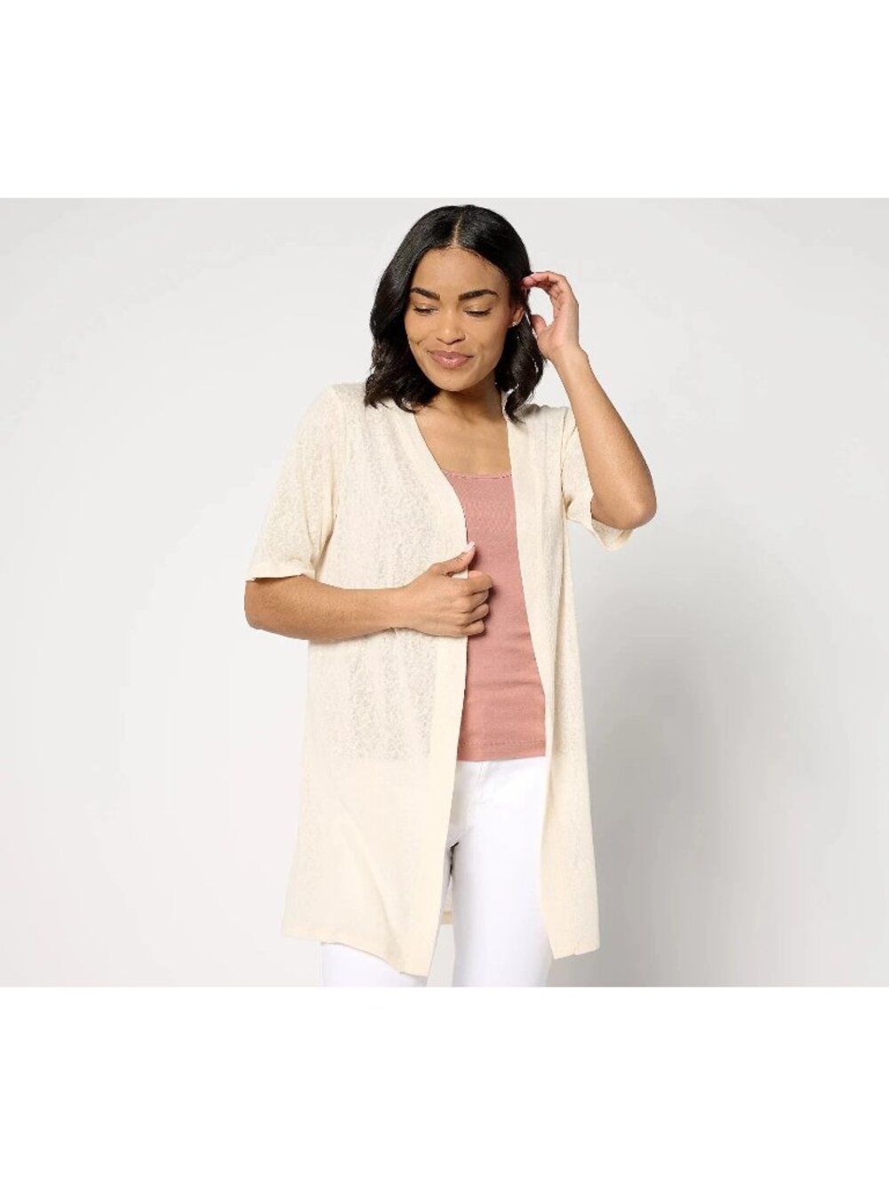 Denim & Co. Cardigan sz S Slub Knit Elbow Sleeve Vanilla Cream A649627